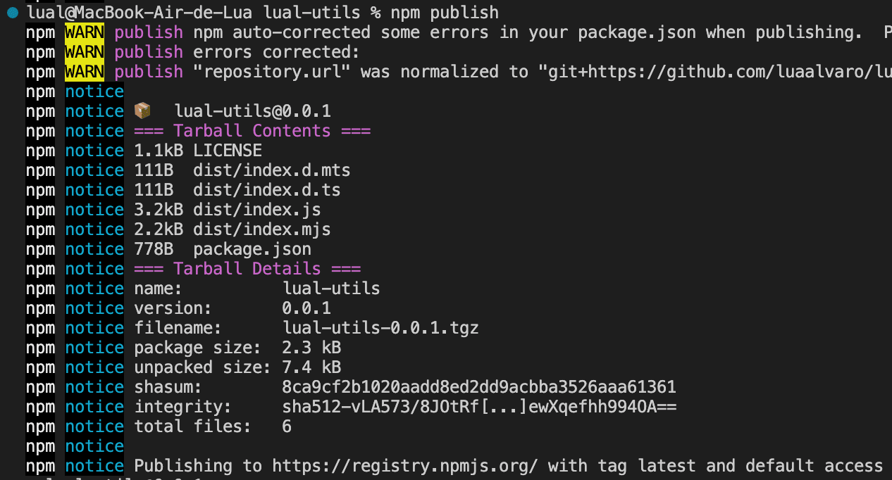 Imagem mostrando o bash com o comando npm publish executado e um retorno de sucesso com alguns detalhe a respeito da operação