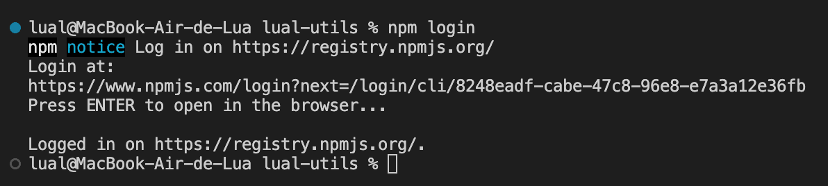 Imagem mostrando o bash com o comando npm login