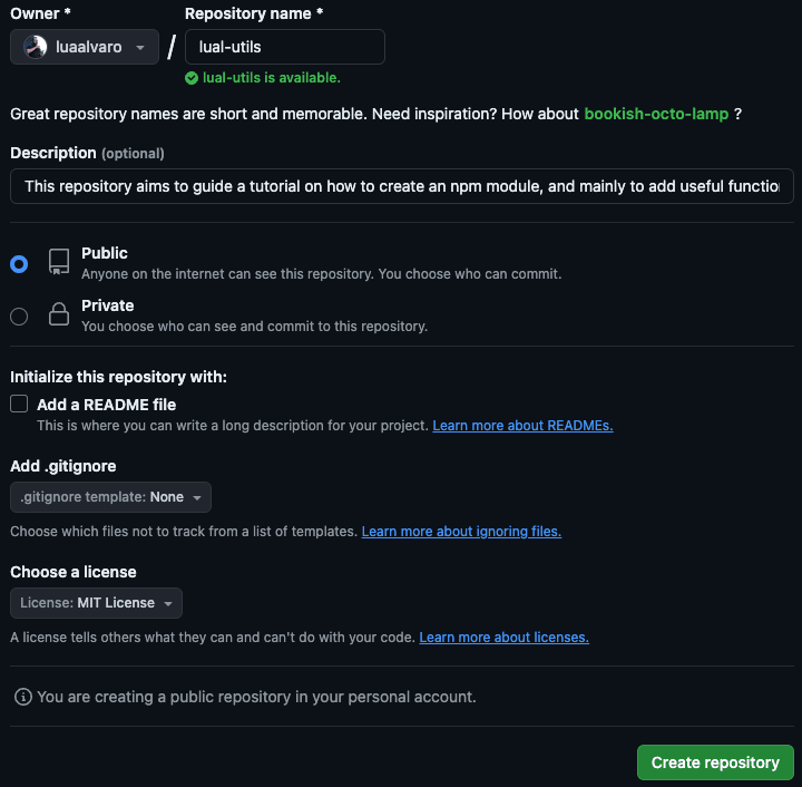 Print do formulário de criação de um repositório no github
